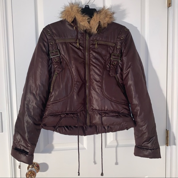 Good & Cool European stylish puffer jacket with faux fur collar brown waterproof - Picture 1 of 7